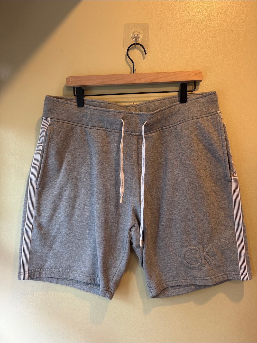 Calvin Klein Light Gray Men's Knit Drawstring Shorts with White Stripe